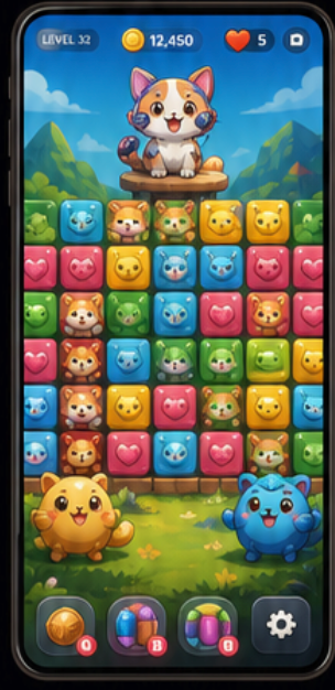 Original entertainment casual game direction visual showing gameplay, retention curves, and creative tests
